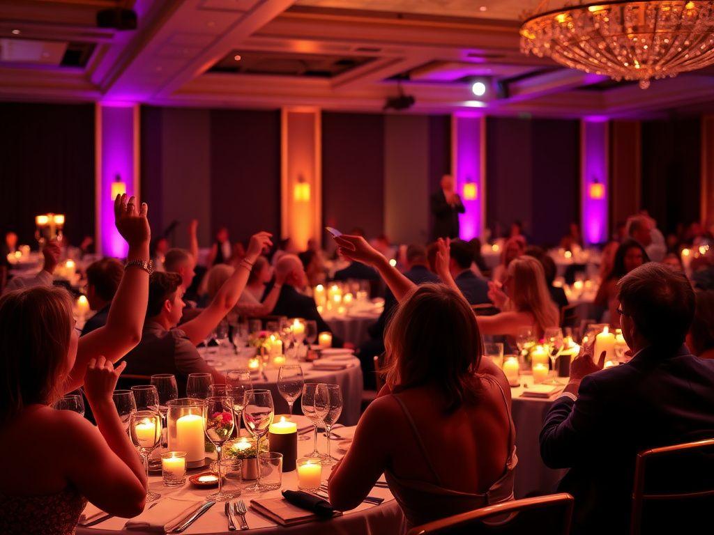 Charity ball guests raising paddles during a live auction