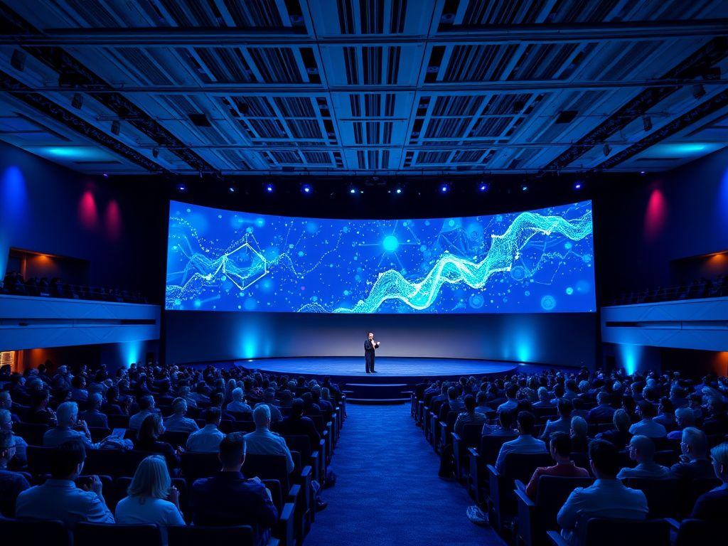 Fintech conference main stage with LED backdrop and full audience