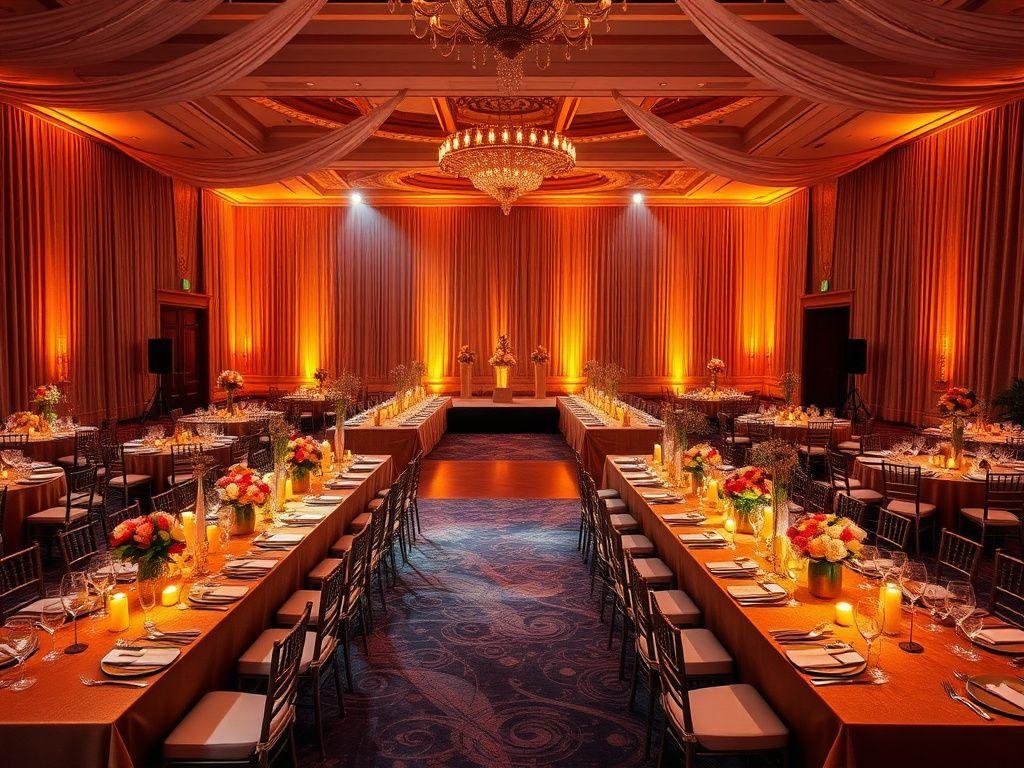 Elegant gala dinner tables under warm golden lighting