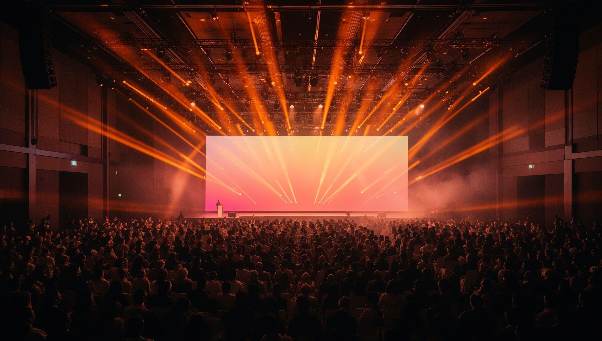 Stage lights sweeping over a packed corporate event in Kuala Lumpur