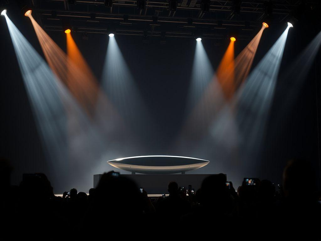 Dramatic product reveal on stage with press cameras flashing
