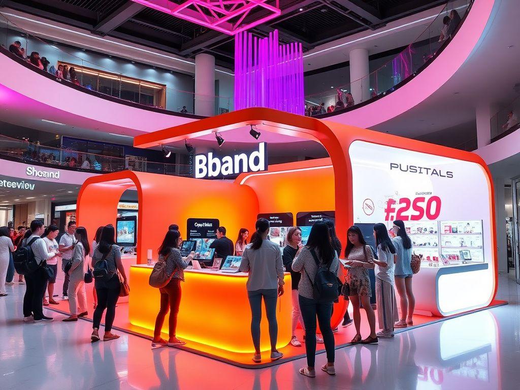 Shoppers exploring a neon brand activation booth in a Malaysian mall