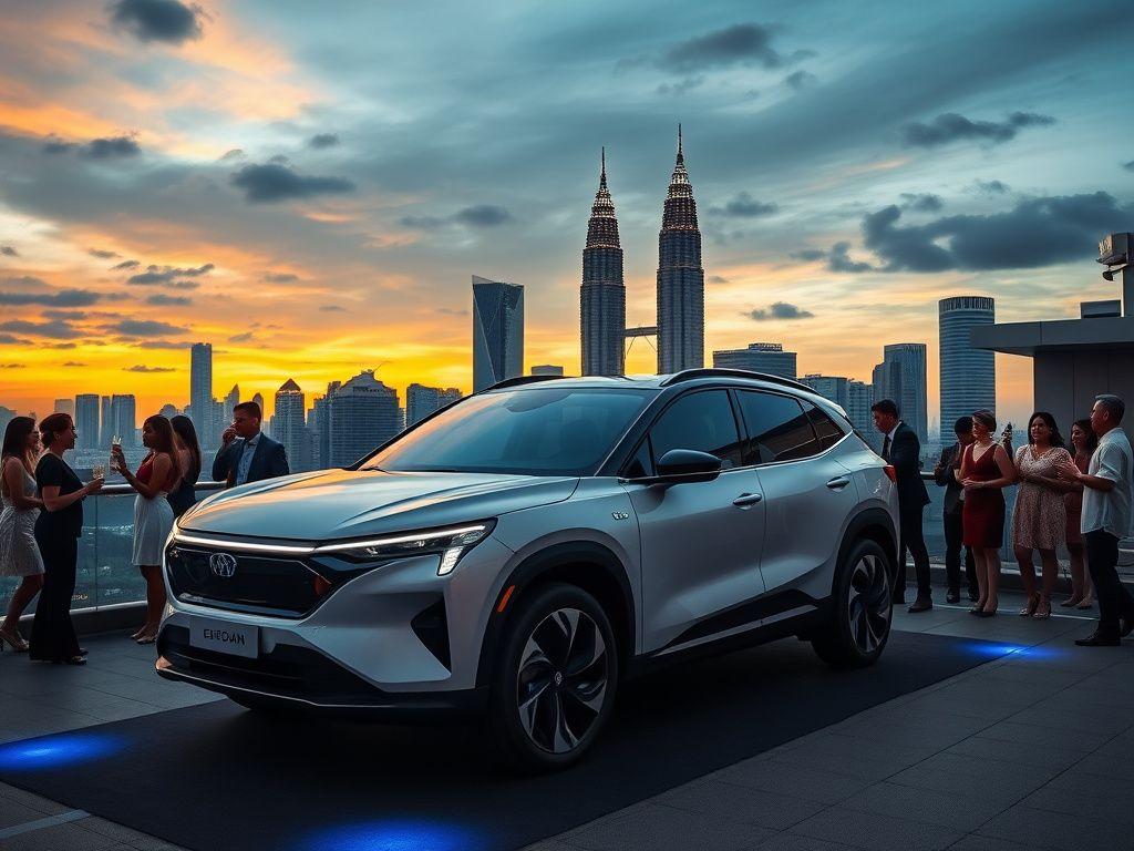 Electric vehicle unveiled on a rooftop against the KL skyline at dusk